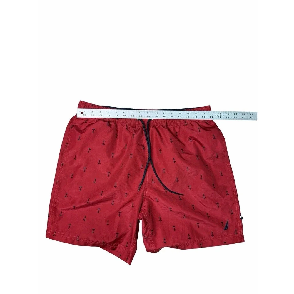 Nautica Mens Red Anchor Print Swim Trunks Shorts Size Medium L Beach Swimming